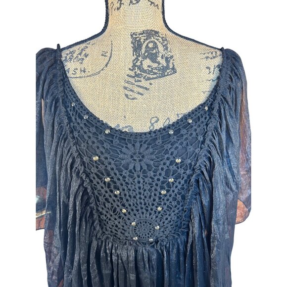 VTG Womens M Babydoll Top Black Sheer Crochet Studded Fairy Whimsy Goth Witchy - Picture 3 of 11